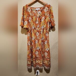 Margaux Riviera Floral Midi Dress Sz 2X Plus Size Gold Yellow Viscose